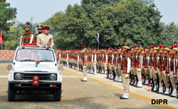 Governor of Arunachal Pradesh Lt. Gen (Retd) Nirbhay Sharma reviewing the Passing Out Parade of 4th and 5th India Reserve Battalion at Police Training Centre, Banderdewa on 7th February 2014.